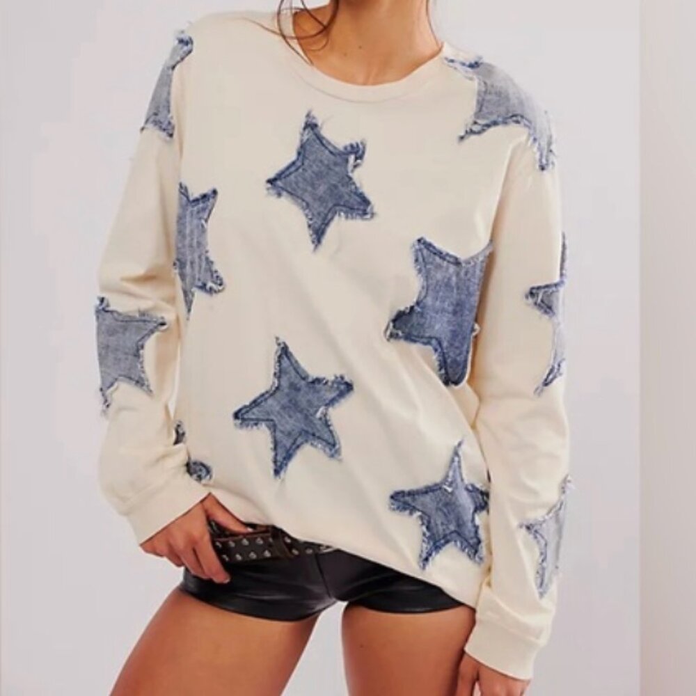 One Teaspoon x Free People Denim Star Boyfriend Longsleeve Tee sz M $145